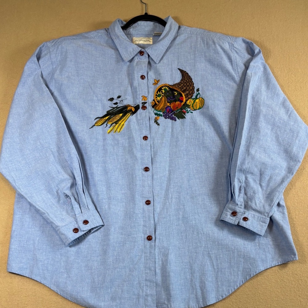 Falls Creek Womens 24W Blue Embroidered Thanksgiving Cornucopia Button Down Top